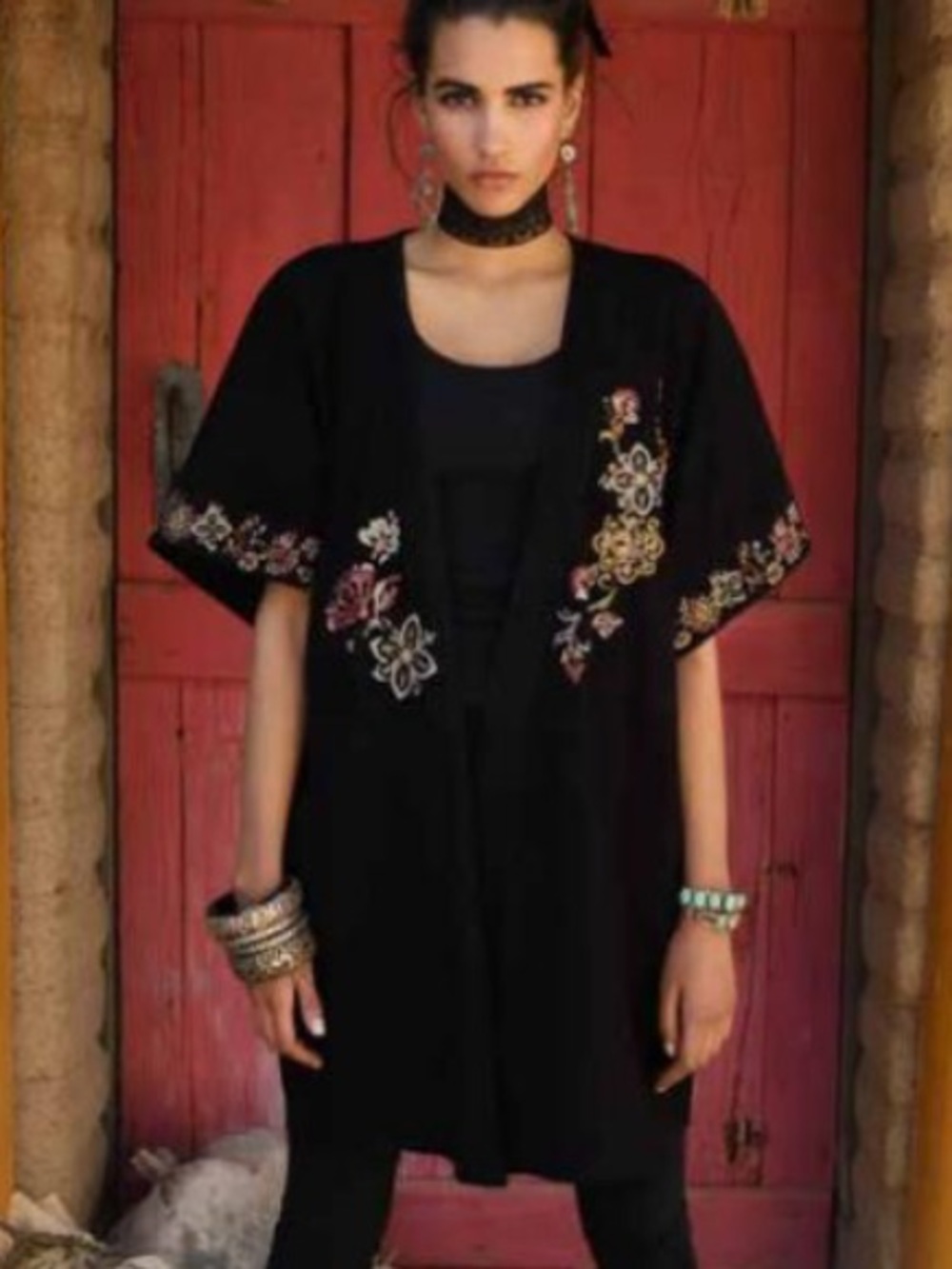 Double D Ranch Old Siam Black Leather Embroidered painted floral kimono RTL 995